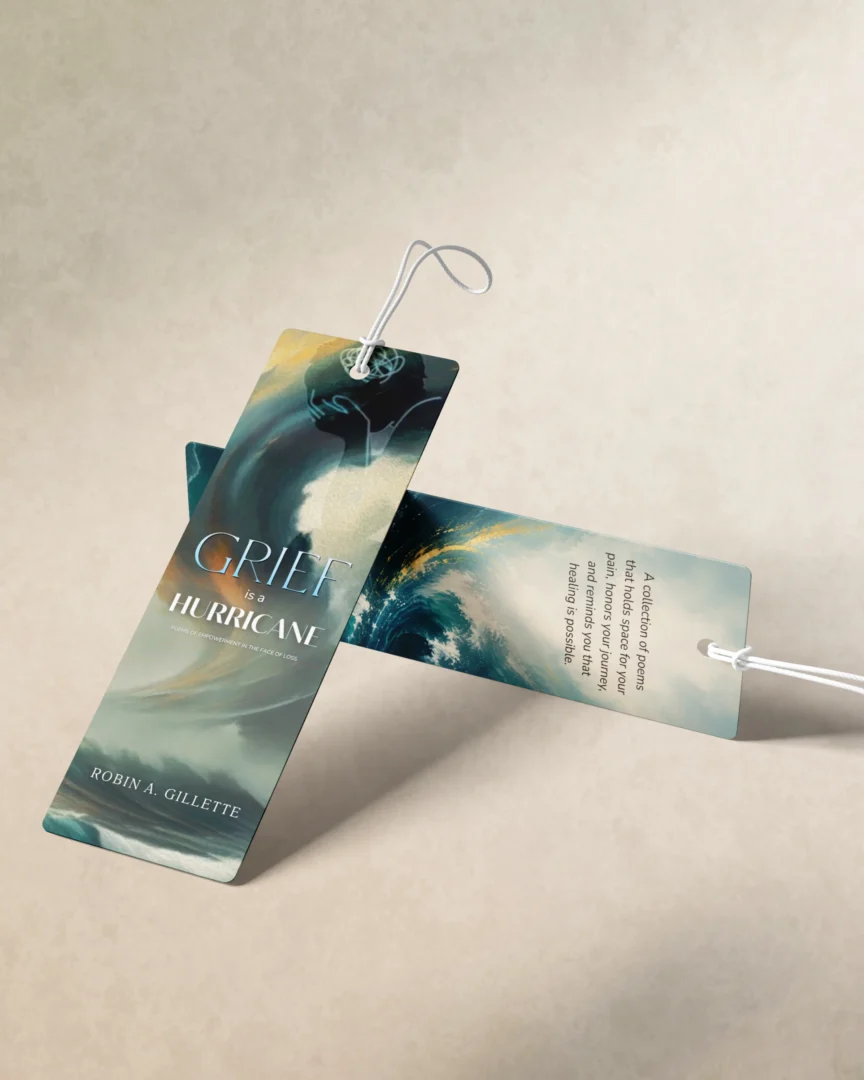 Bookmark design for a grief book with blue and teal watercolor artwork on a neutral background