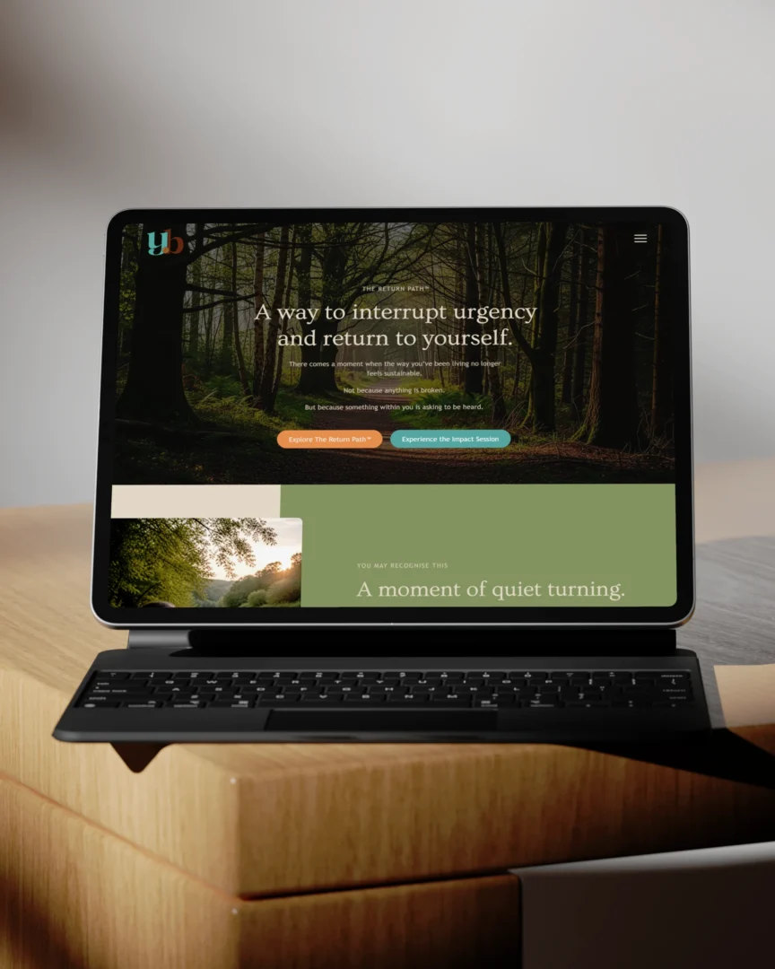 Tablet displaying a nature-inspired website homepage designed for a life coach