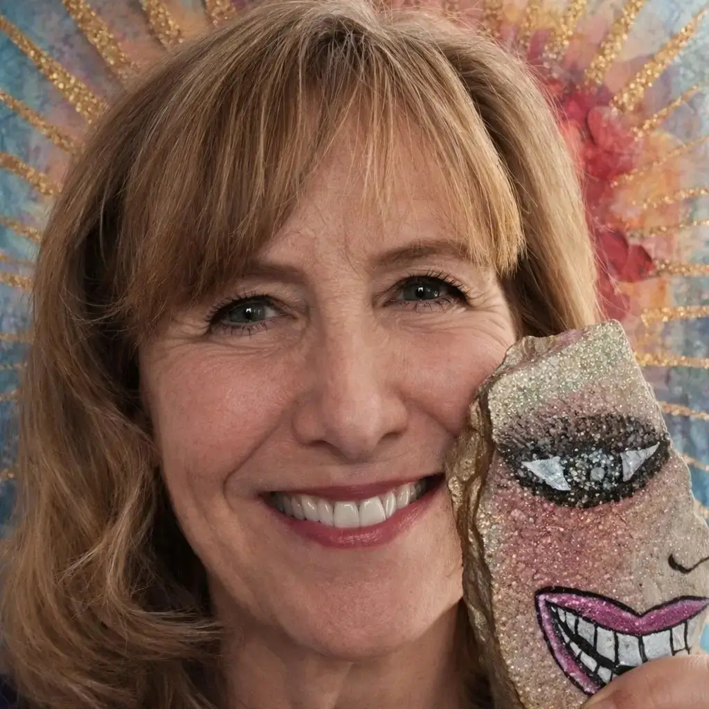 Portrait of a smiling woman Leah holding a small creative artwork against a colorful background