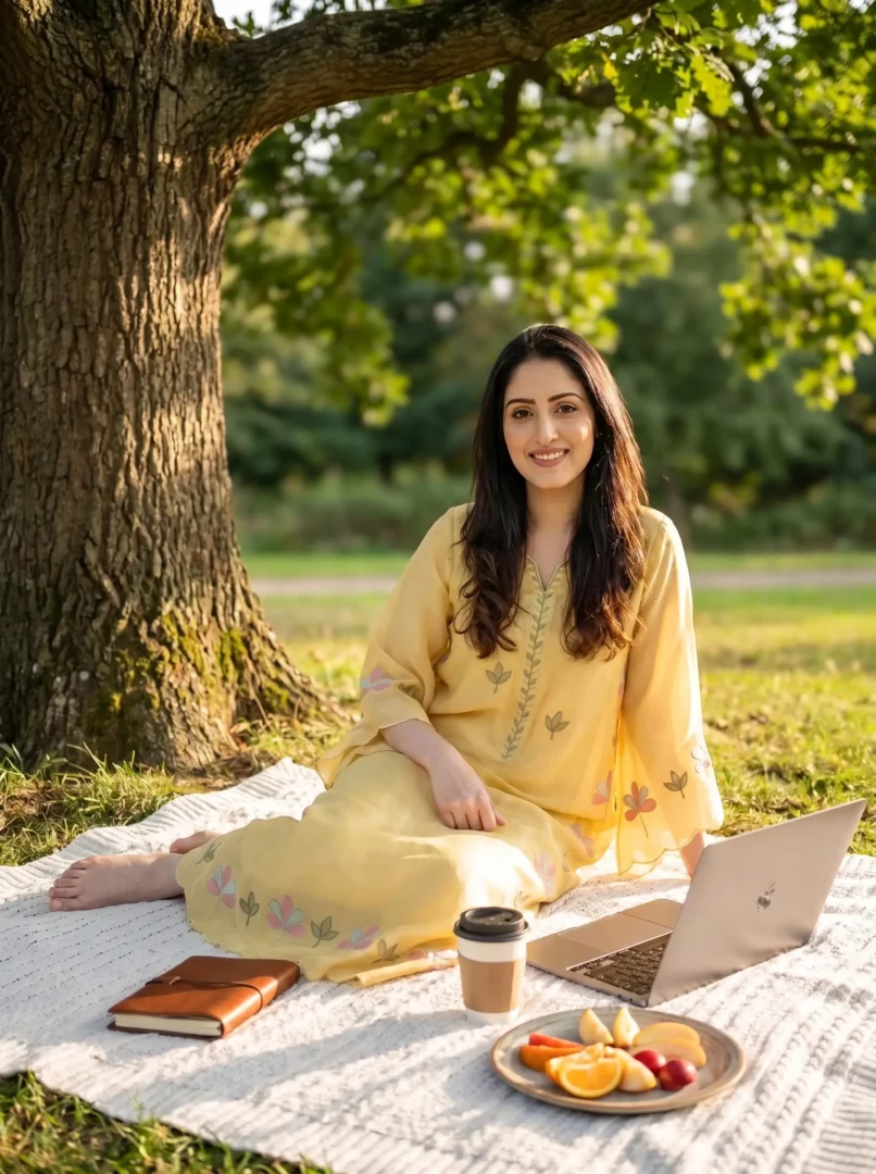 Woman in a yellow outfit sitting outdoors beneath a tree, representing the Soulful by Hira personal brand