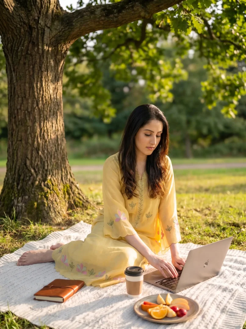Hira Mustafa sitting outdoors beneath a large tree with a laptop, representing Soulful by Hira